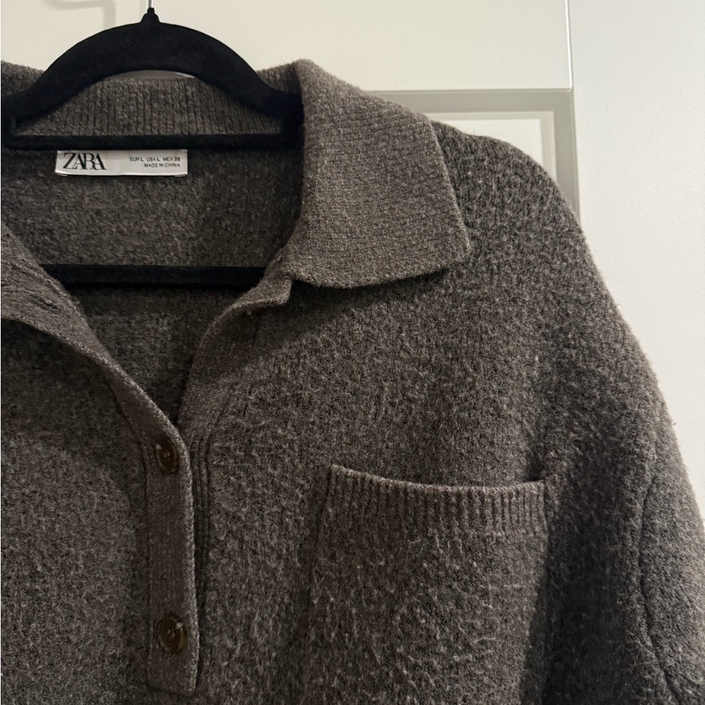 Zara Brown Textured Polo-Style Knit Cardigan